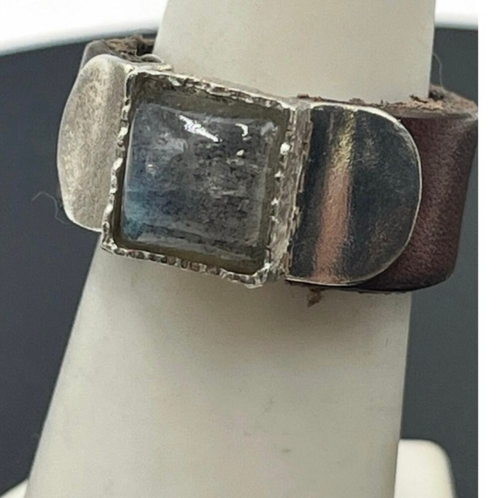 Yam‎ Designer Signed Sterling Silver 10mm Labradorite Leather Band Ring Size 7.5